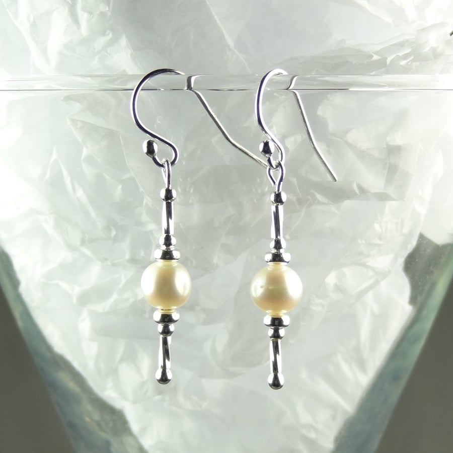 Freshwater pearl drop earrings, sterling silver, 6mm, in a gift box