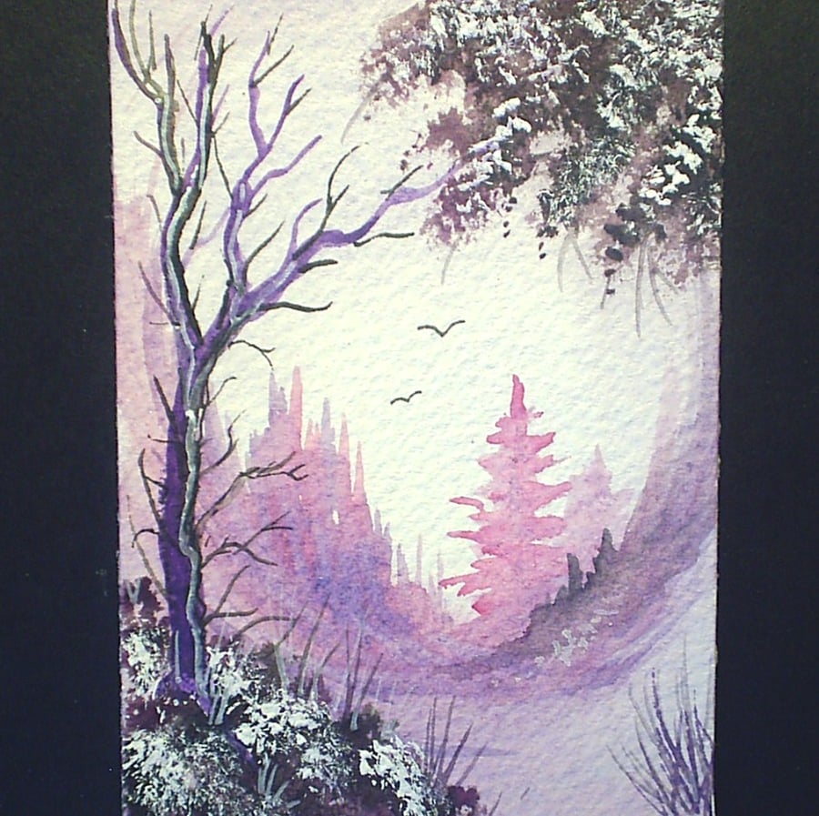 aceo original fantasy purple landscape