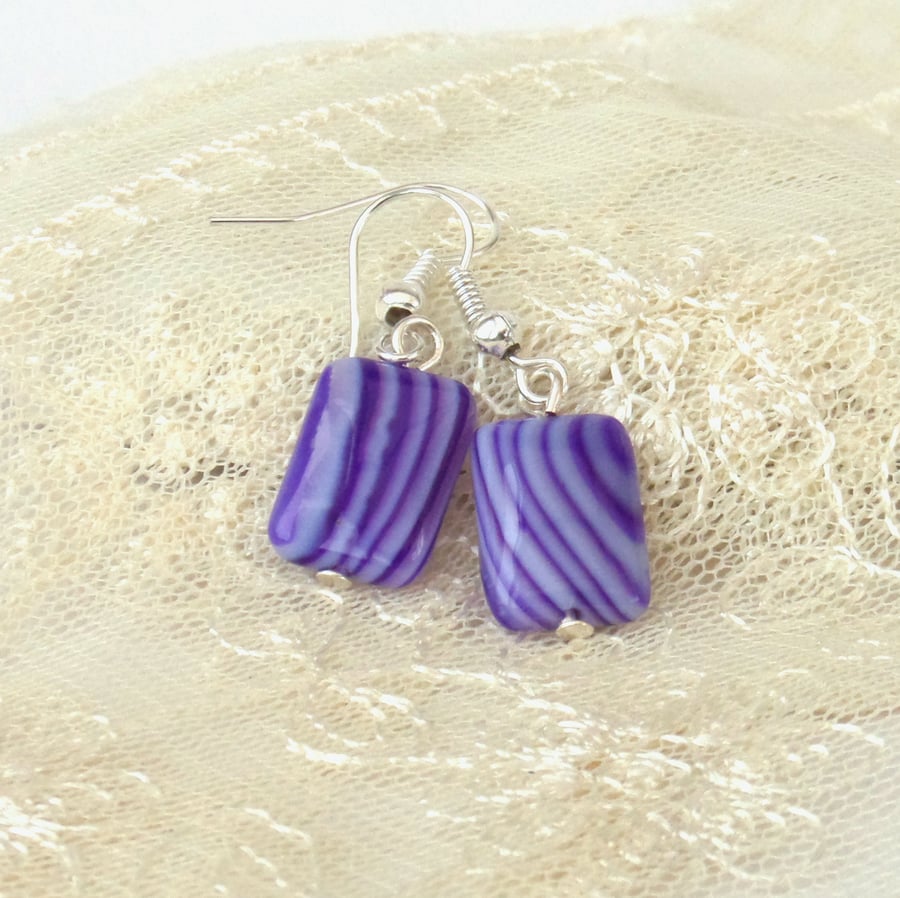 Purple banded agate rectangular earrings