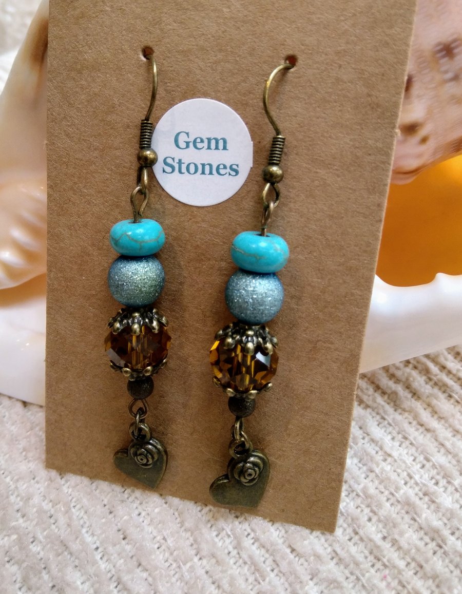 Czech faceted glass, real turquoise and "moondust" blue beaded bronze EARRINGS