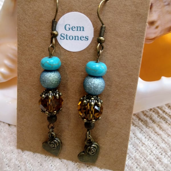 Czech faceted glass, real turquoise and "moondust" blue beaded bronze EARRINGS