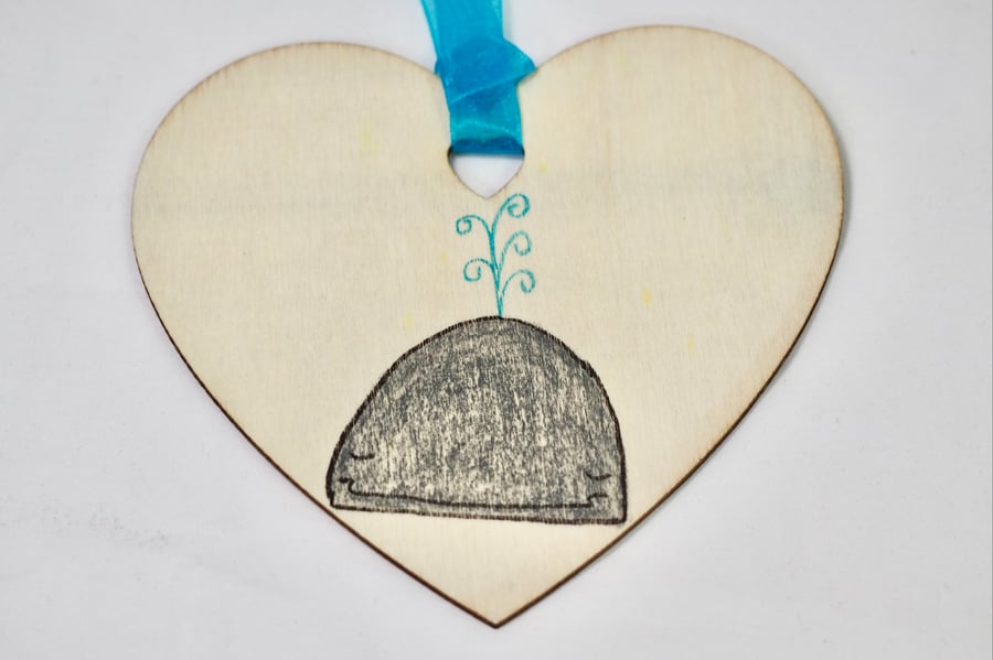 Whale on a Wooden Heart Shaped Decoration 