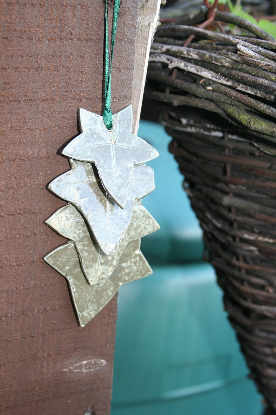 Handmade green ceramic leaf hanging decoration