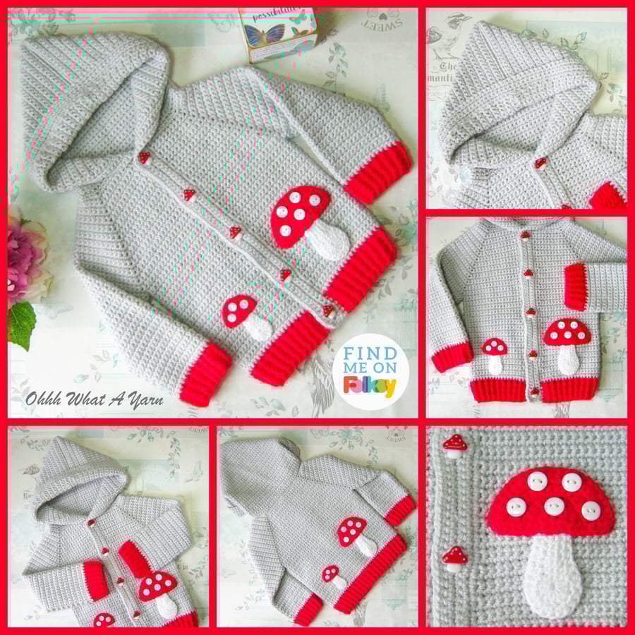 Crochet baby hoody. Original design toadstools hoody. Size 12-18 months.