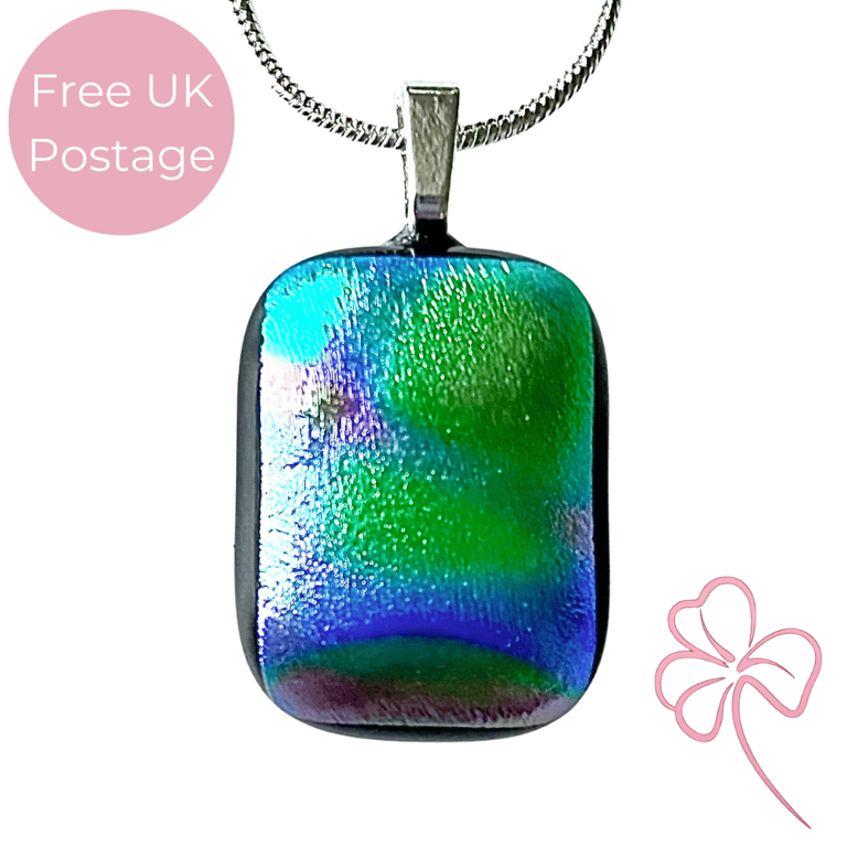 Small Corkscrew Pattern Dichroic Fused Glass Pendant Necklace 