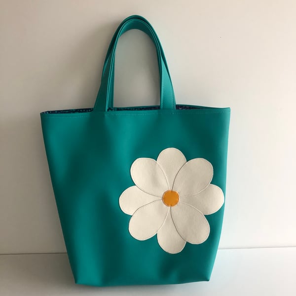 Turquoise Faux Leather Tote Bag with a Daisy Embellishment