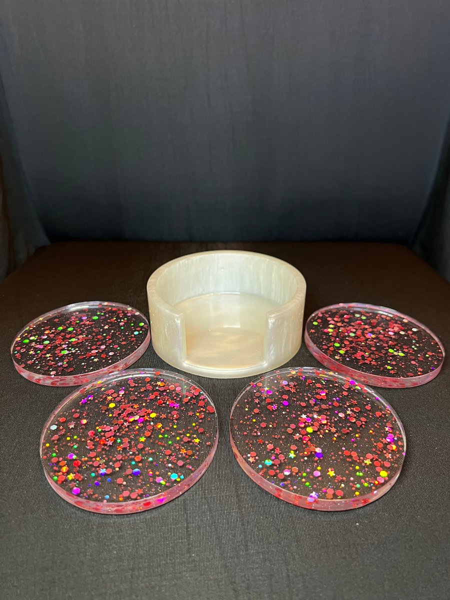 Pearl white and pink set of 4 coasters with holder