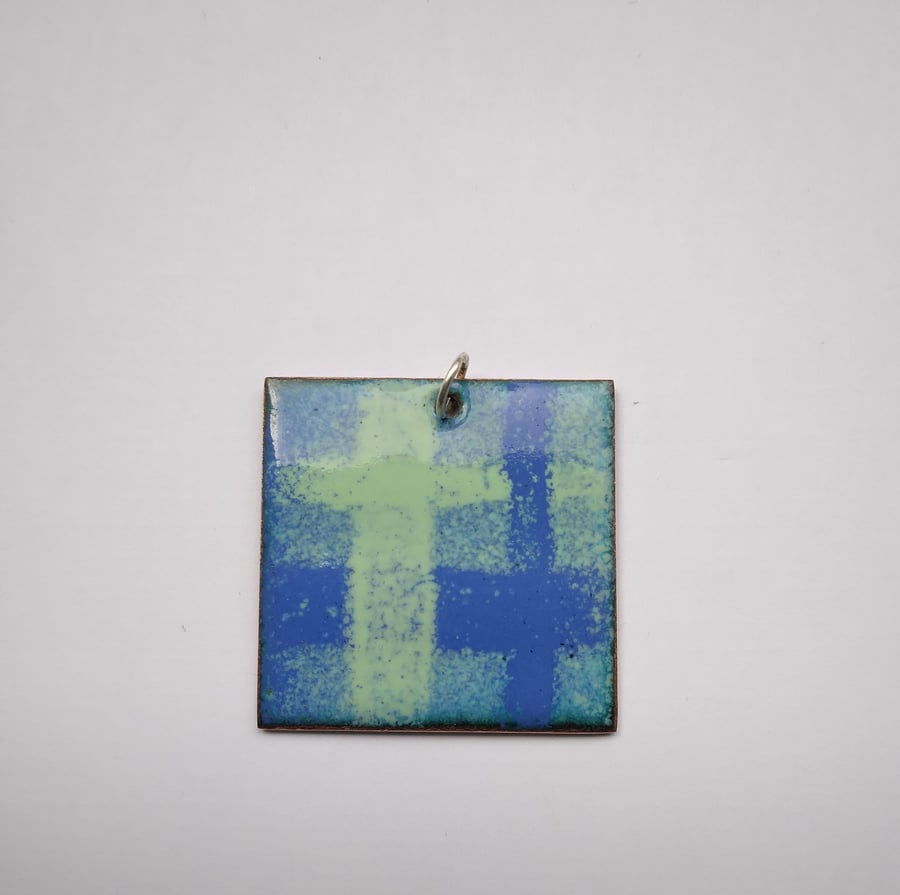 Checked copper enamel pendant in blue and green 175