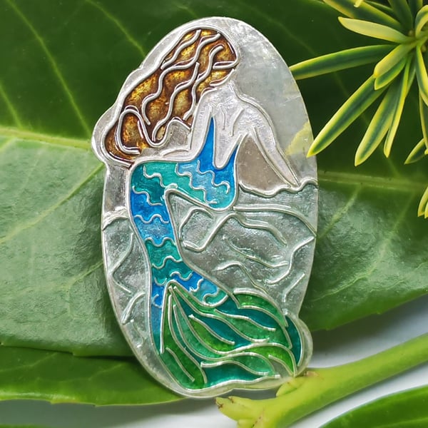 Fine silver and enamel mermaid pendant 