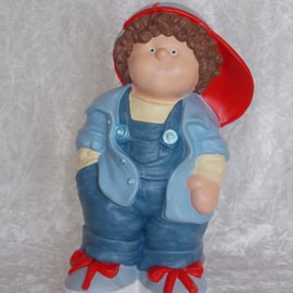 Hand Painted Large Ceramic Standing Button Buddies Boy Figurine In Blue Ornament