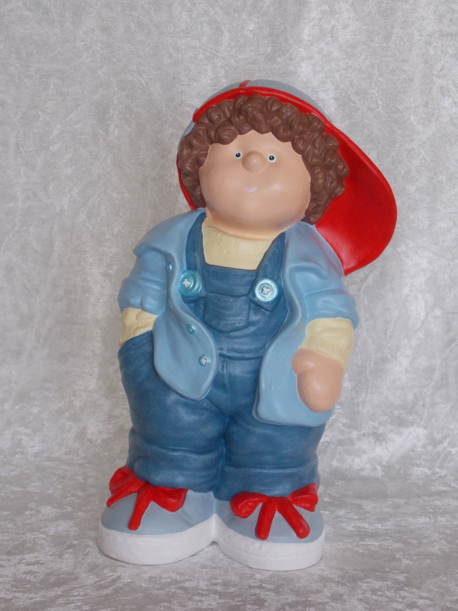 Hand Painted Large Ceramic Standing Button Buddies Boy Figurine In Blue Ornament