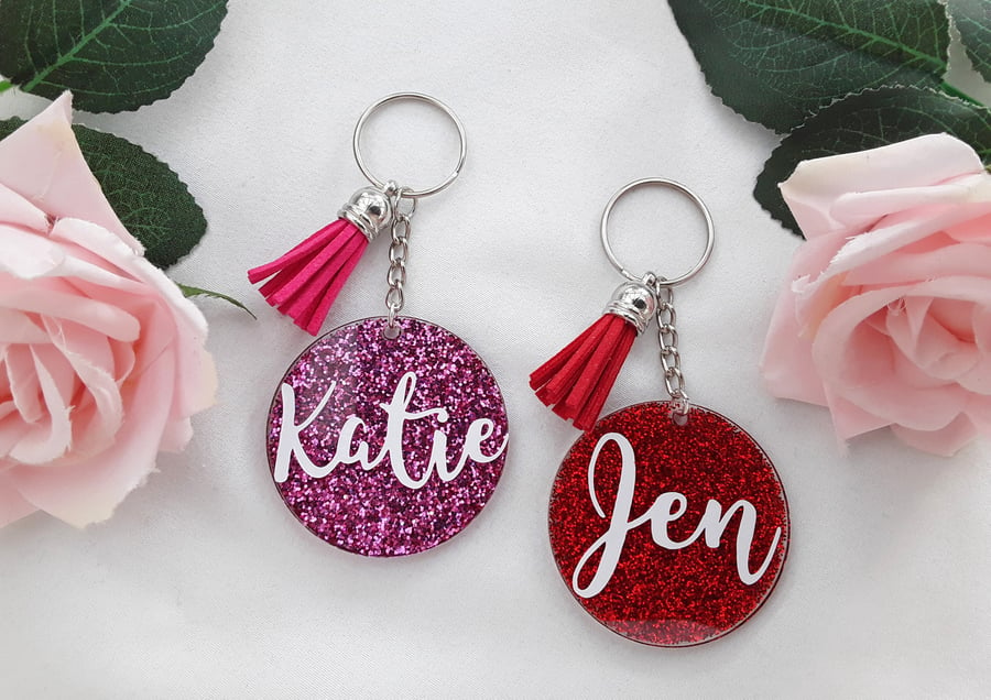 5cm acrylic glitter name keyring, acrylic personalised glitter keyring