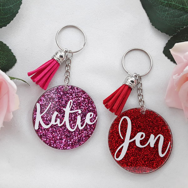 5cm acrylic glitter name keyring, acrylic personalised glitter keyring