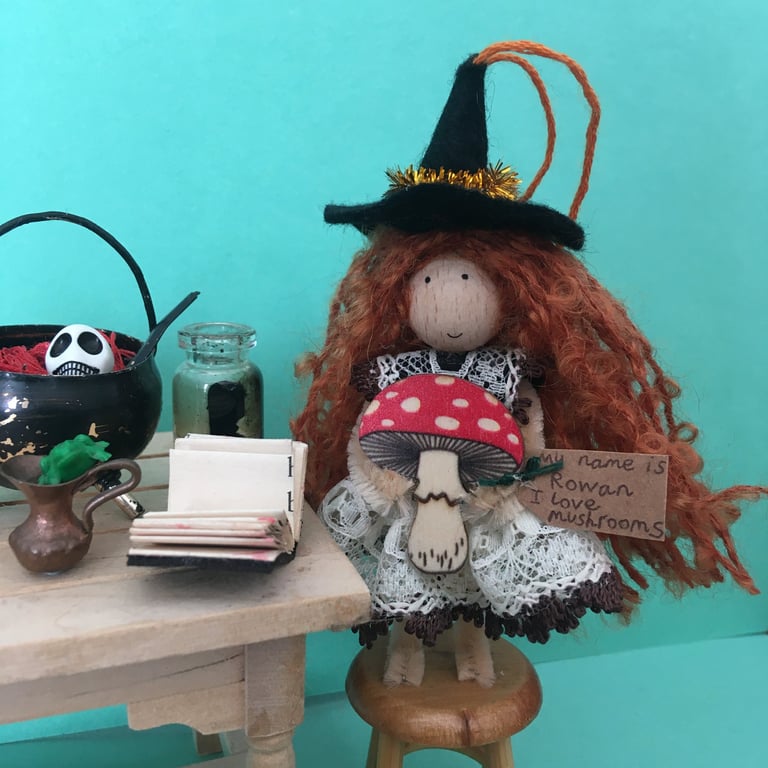 Witch Doll Holding A Mushroom Hanging Decoration, Halloween Decoration