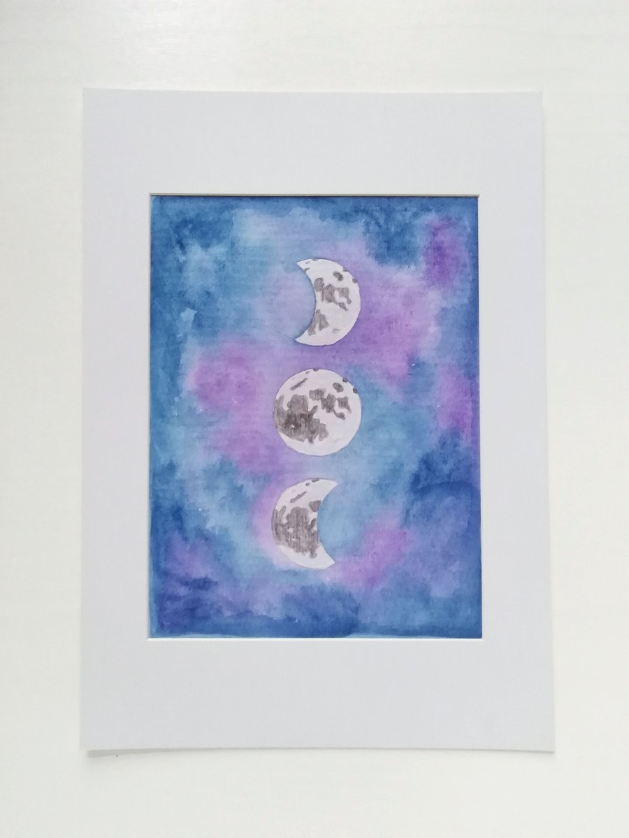 Moon Phase Wall Art, Moon Watercolour Painting, Full Moon Decoration 