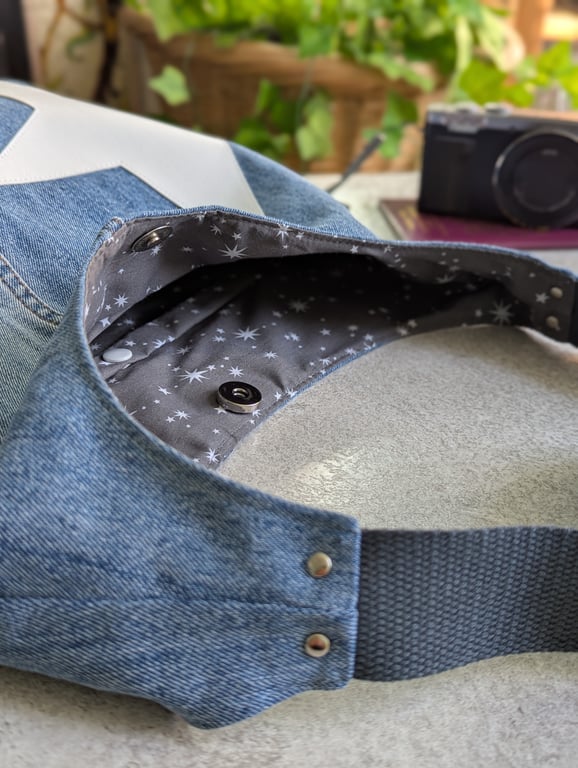 Denim Bag - Pale Denim Jeans Cross Body Bag with White Star Motif 