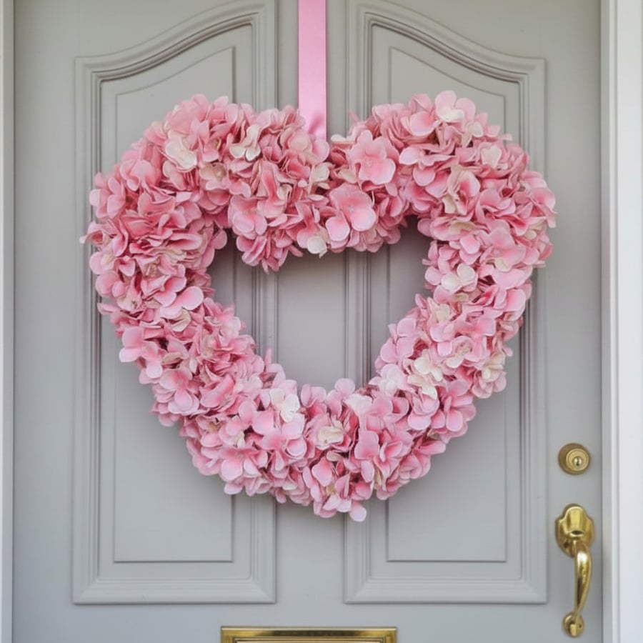 Pretty handmade heart shape grapevine wreath artificial pink hydrangeas 45cm app