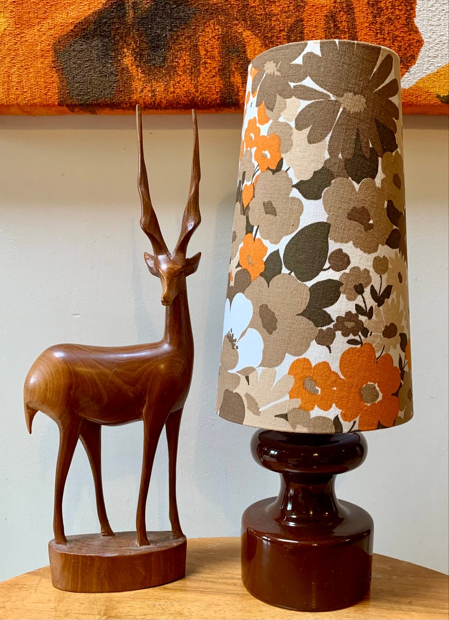  Brown orange 70s floral  Lizzie Derriey Vintage Fabric Lampshade