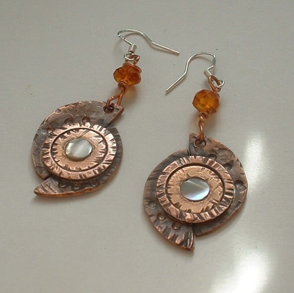 "Cosmic Planets" Artisan Rustic Copper Earrings with Mother of Pearl 
