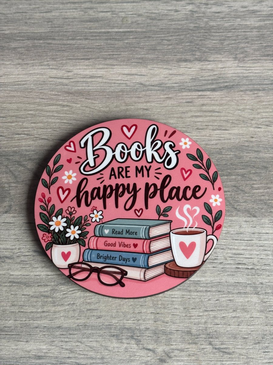 Book lover coaster 'Books are my happy place' cosy reading coaster