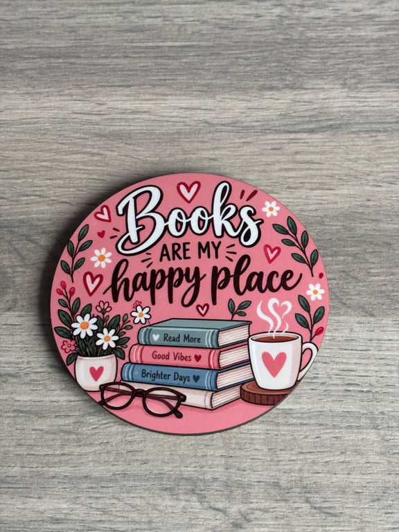 Book lover coaster 'Books are my happy place' cosy reading coaster