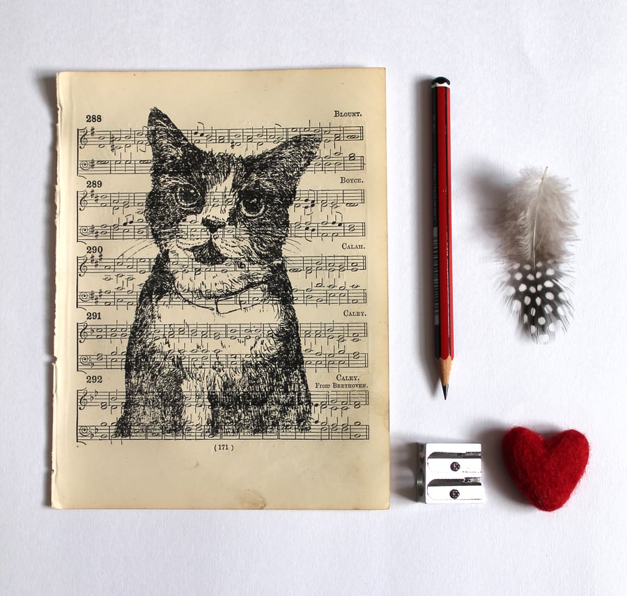 Inky Cat Print on Vintage Sheet Music, Cat Print, Gocco Print