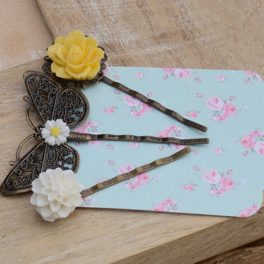 Set of 3 Flower & Butterfly Bobby Pins
