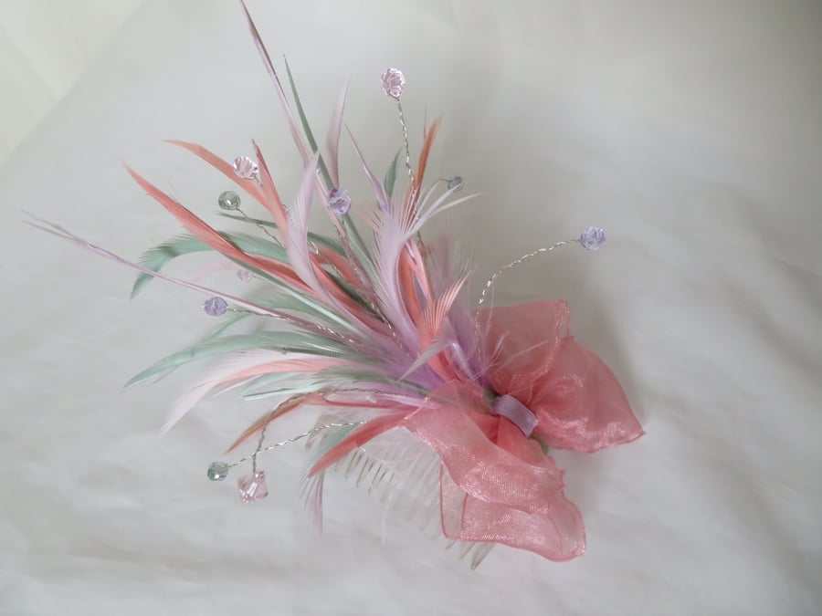 Dusky Rose Pink Lilac and Sage Green Feather & Crystal Bow Comb Fascinator