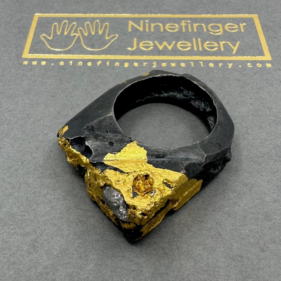 Hewn ring in Sterling silver, 24ct gold, and two one-carat diamonds