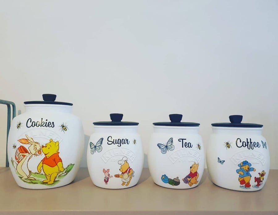 Winnie hand painted and decoupaged glass jars