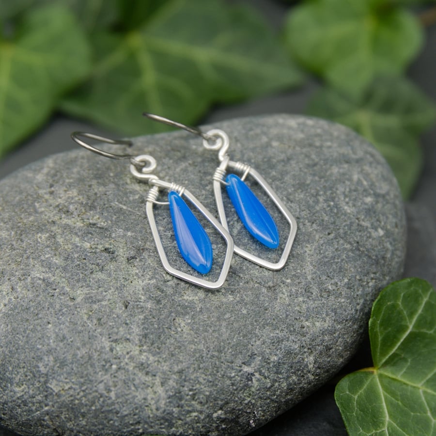 Hammered Sterling Silver Earrings with Opaque Blue Glass Dagger Beads