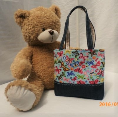 LITTLE GIRLS BUTTERFLY COTTON BAG WITH DENIM HANDLES AND BASE