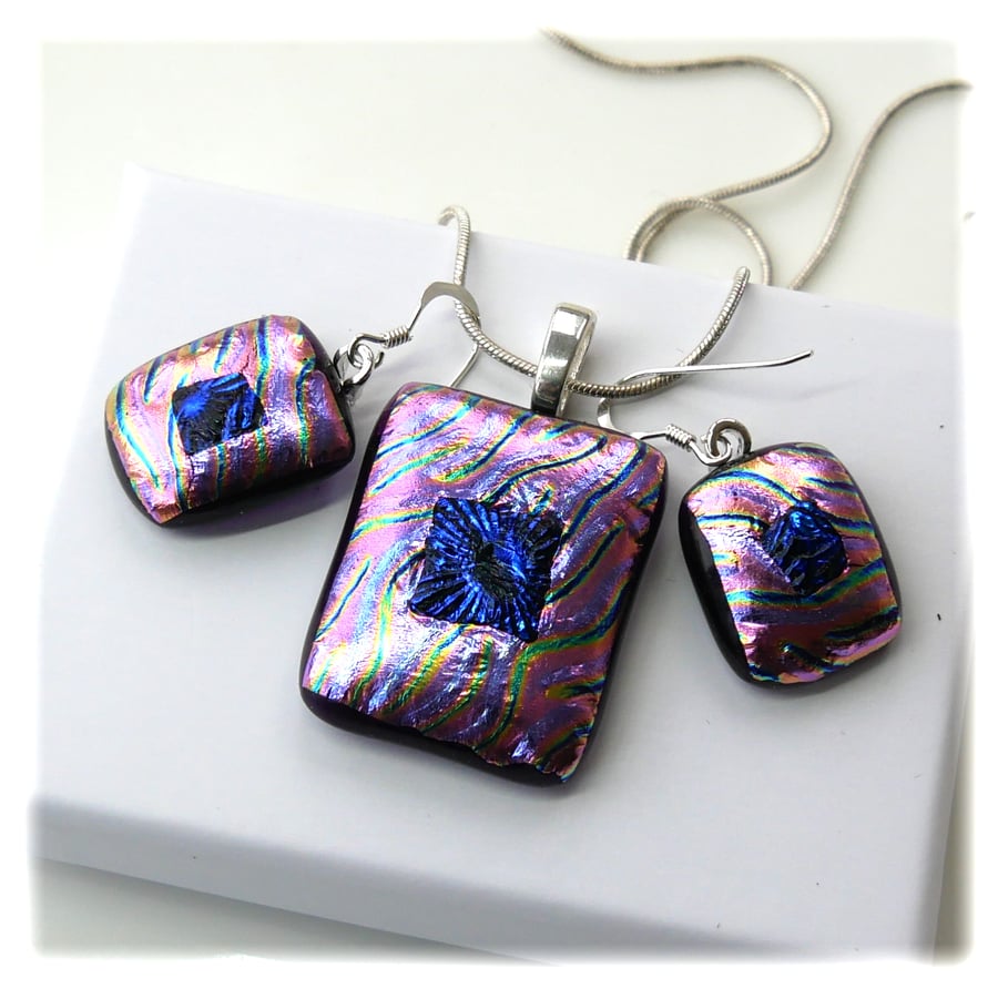 SOLD Dichroic Glass Pendant Earring Set 118 Lilac Navy with silver plated chain