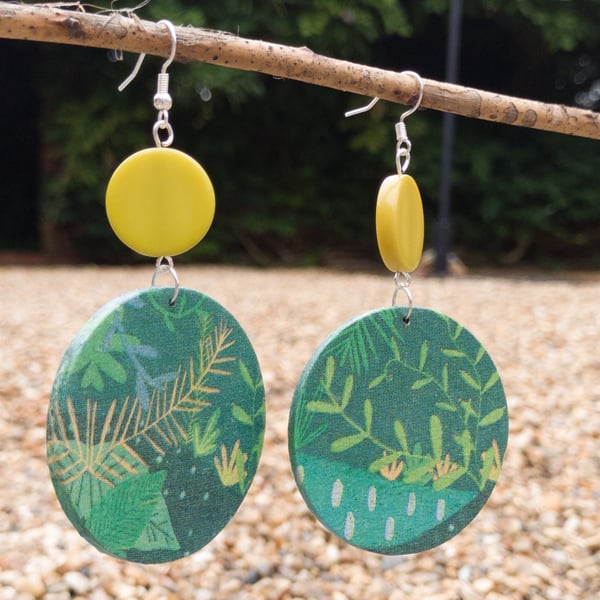Sterling silver hook, modern abstract wooden earrings in greens and yellows