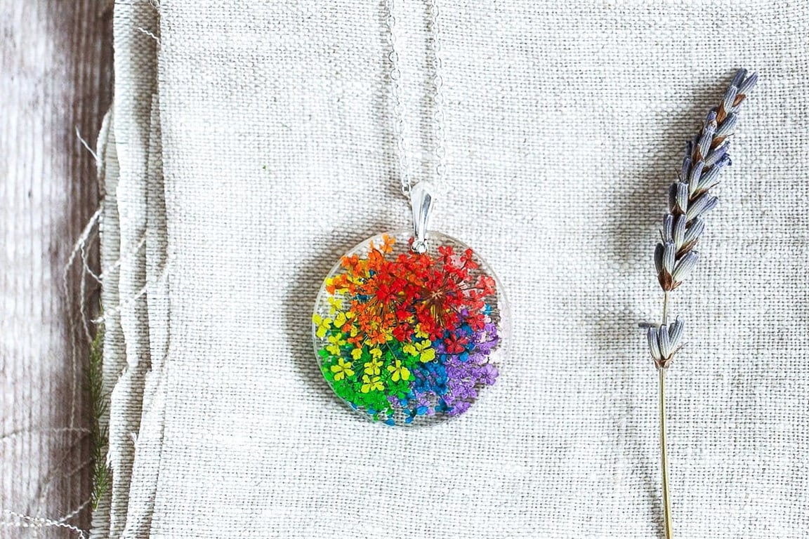 Real Flower Necklace Rainbow Lace Flowers - Circle Botanical Jewelry Pressed Flo