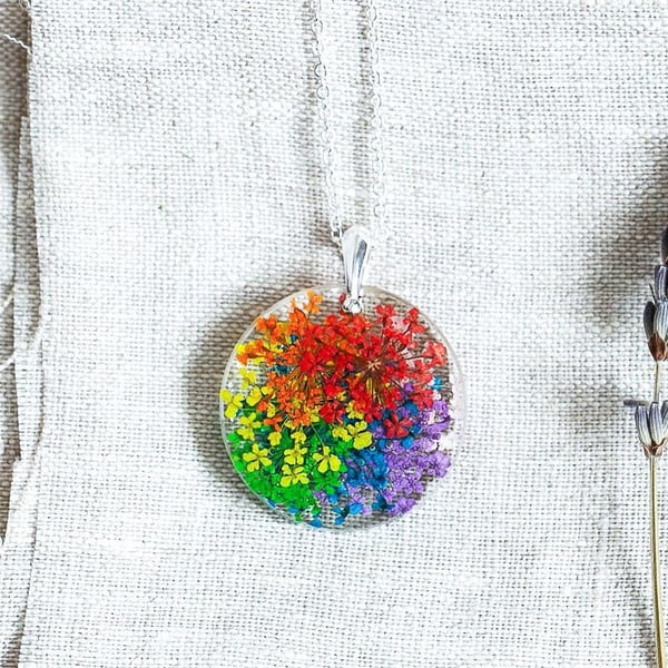 Real Flower Necklace Rainbow Lace Flowers - Circle Botanical Jewelry Pressed Flo