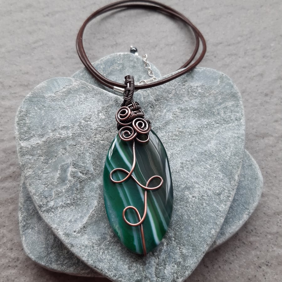  Copper Wire Wrapped Green Agate Pendant With Cotton or Leather Cord 