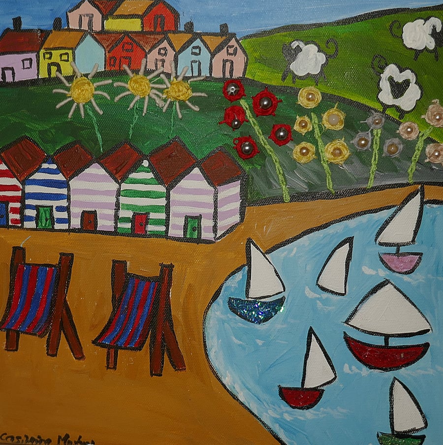 Colourful Naive seascape with embroidery acrylic painting on canvas 12" x 12"