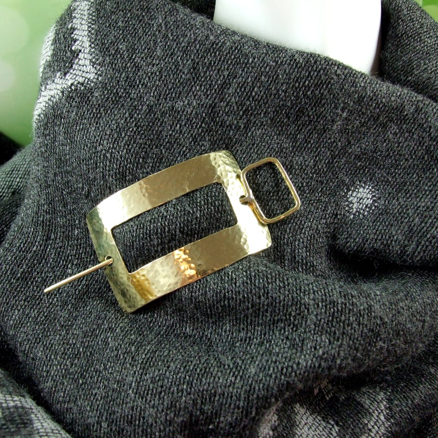 Shawl Pin, Large Hammered Brass Rectangle Shape