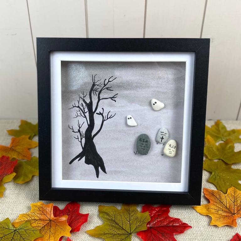 Haunted Halloween Graveyard Pebble Art