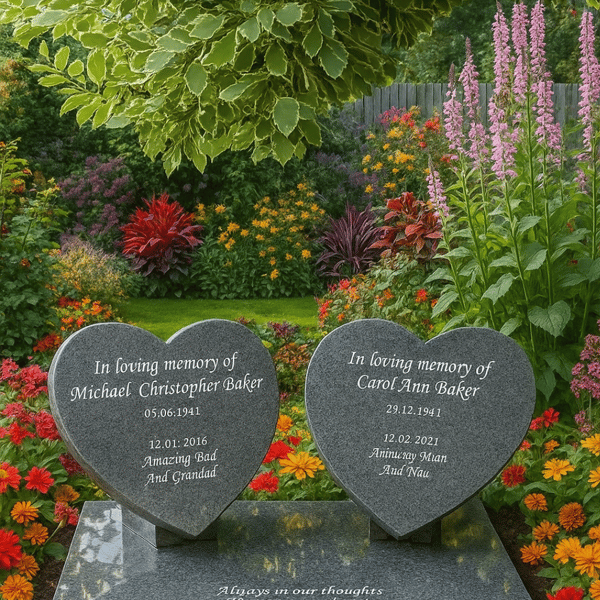 Double heart memorial Gravestone Flat Granite Cemetery Headstone Grave Plaque