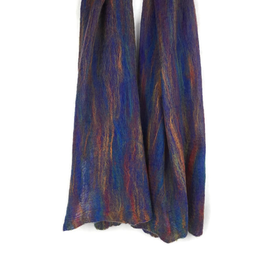 Rainbow merino wool scarf nuno felted on blue silk chiffon