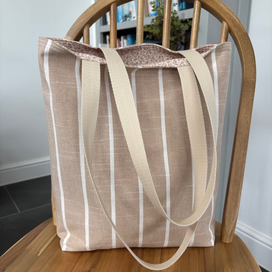 Long handle tote bag, shopping bag, in taupe with natural stripes, floral lining