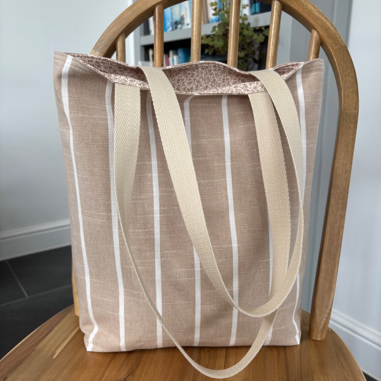 Long handle tote bag, shopping bag, in taupe with natural stripes, floral lining