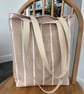 Long handle tote bag, shopping bag, in taupe with natural stripes, floral lining