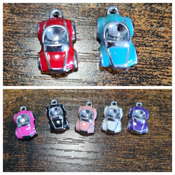 3 x Little Car Alloy Charms Purple, Pink Black, Peach, Cream. Blue and Red