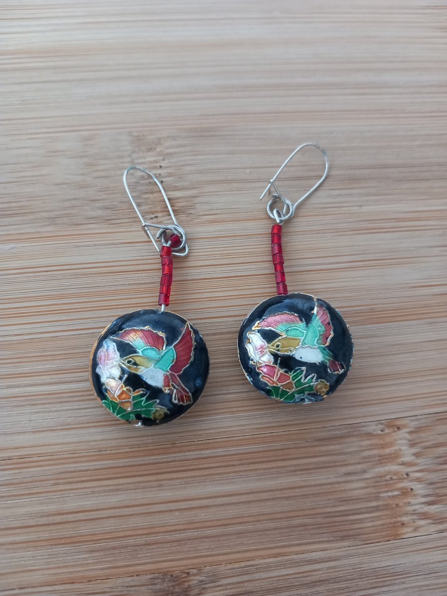 Beaded enamel cloisonne hummingbird earrings