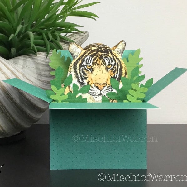 Tiger box Card. Handmade 3D card, blank or personalised for any occasion.