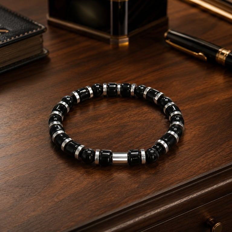 Men’s Black Onyx & Silver Hematite Bracelet – 19 cm – 8 mm Beads