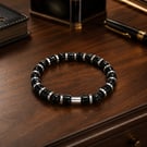 Men’s Black Onyx & Silver Hematite Bracelet – 19 cm – 8 mm Beads